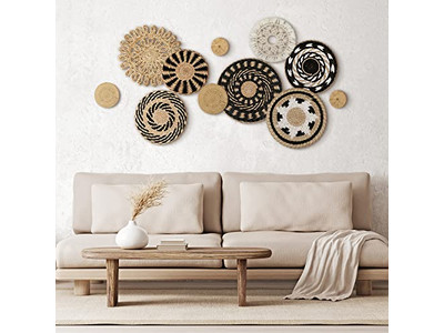 Paniers muraux tissés bohèmes décoratifs plats faits main grands