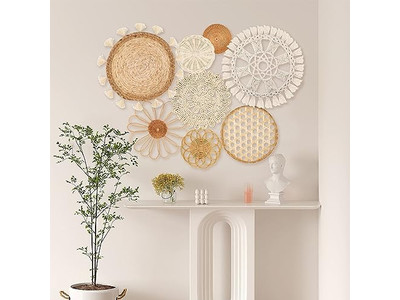 Décoration de panier mural rond bohème dans des paniers de cuisine tissés de style fermier pour